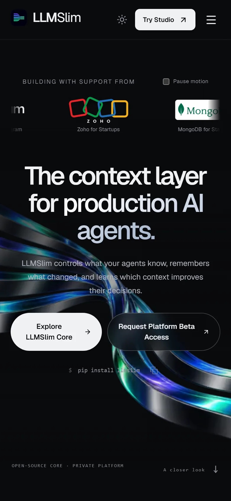 LLMSlim homepage on a phone-sized screen.