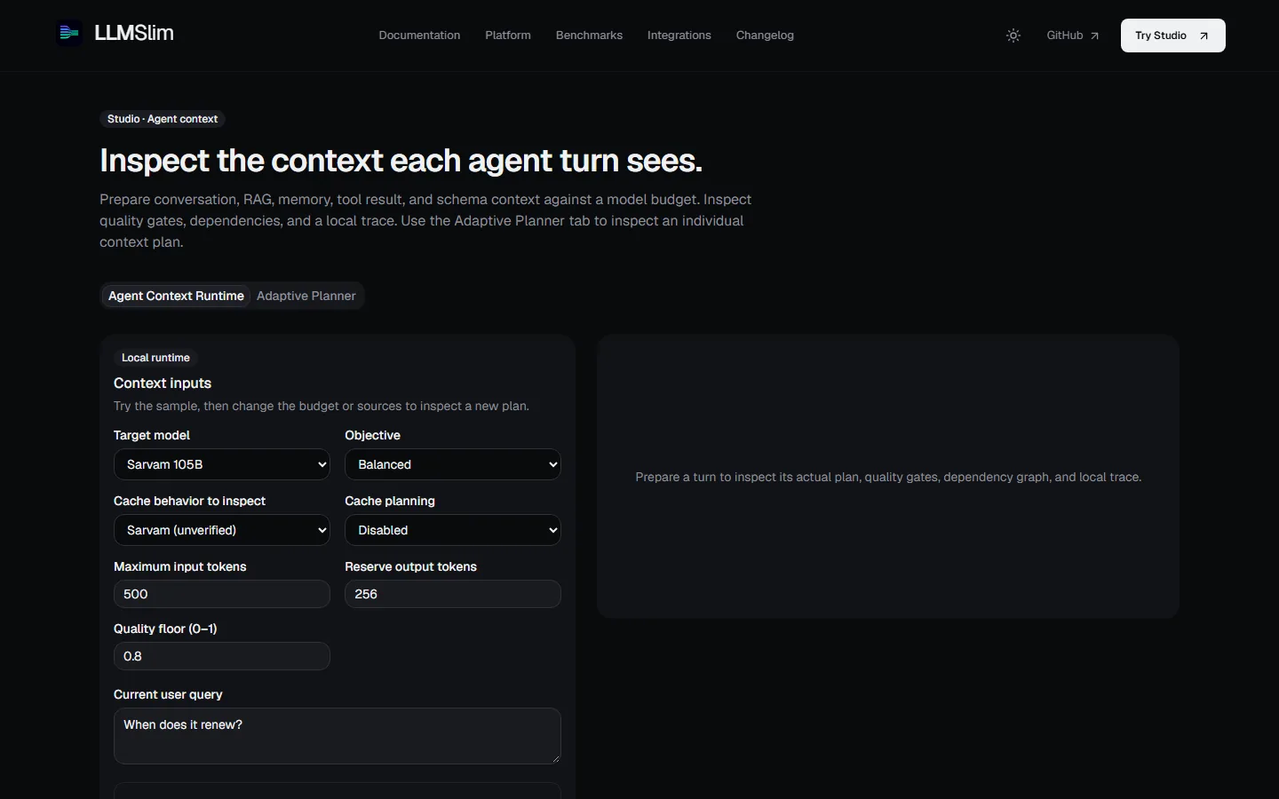 LLMSlim Studio showing the Agent Context Runtime form with target model, objective, token budget and quality floor inputs.