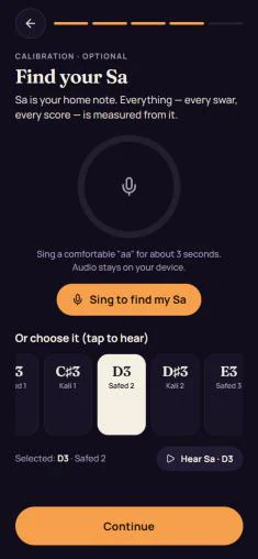 Onboarding step Find your Sa: a microphone circle with a Sing to find my Sa button, and a row of keys with harmonium names for picking Sa by hand, D3 Safed 2 selected.