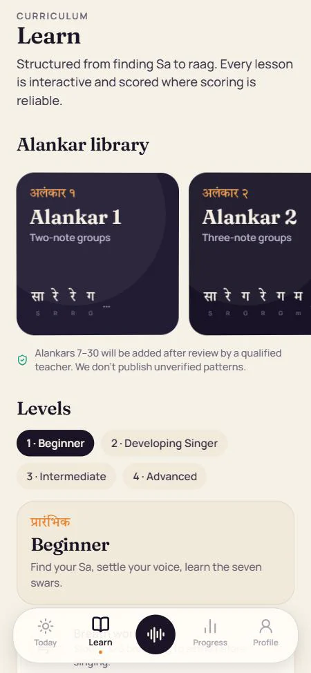 Learn screen in a light theme: Alankar library cards with Devanagari notation, a note that Alankars 7 to 30 will be added after review by a qualified teacher, and four curriculum levels.