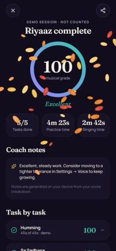 Session report after a demo session marked not counted: musical grade 100, Excellent, five of five tasks done, practice and singing time, on-device coach notes and per-task scores, with marigold petals falling.