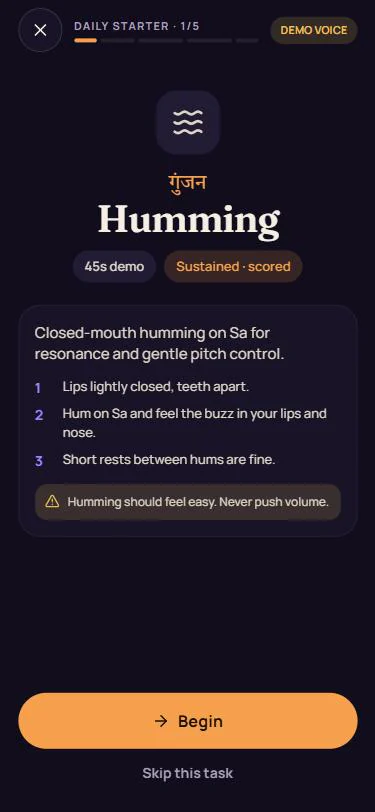 Task introduction for Humming, with its Hindi name, in demo mode: a sustained, scored task with three numbered instructions and a safety note that humming should feel easy and never be pushed.